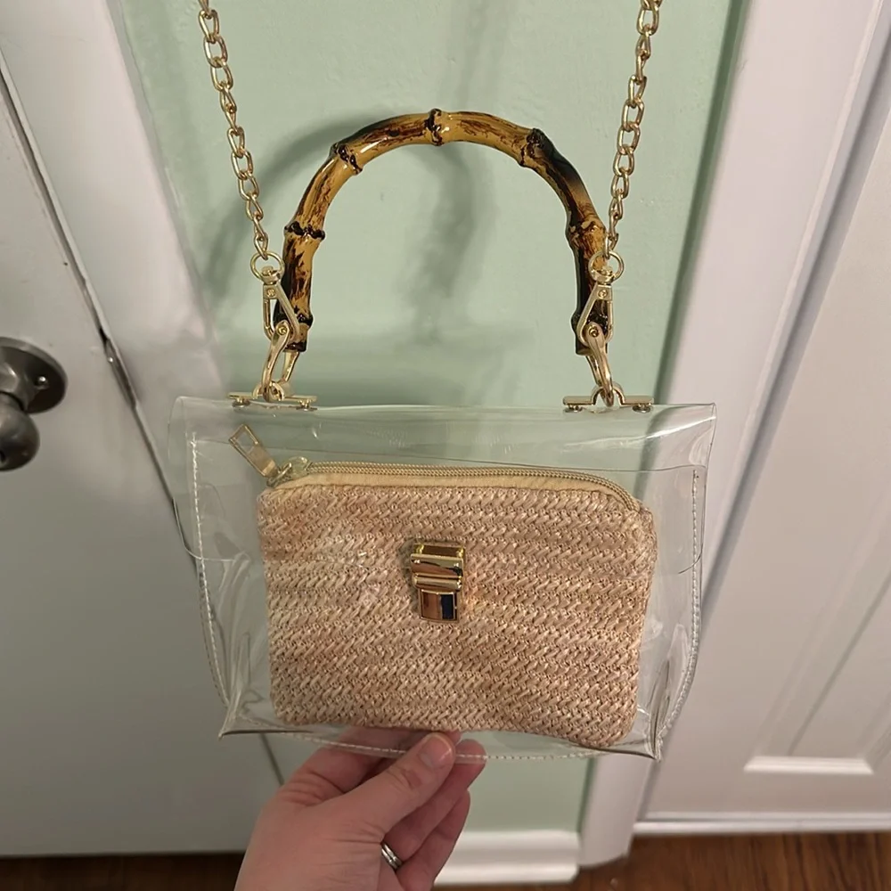 Clear stadium handbag featuring straw pouch, bamboo-look handle and chain strap. - Picture 9 of 9